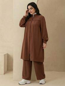 Modelyn 优雅纯色拉链长袖外套套装，阿拉伯风格女装，秋冬款 - 咖啡棕 - 查看 6