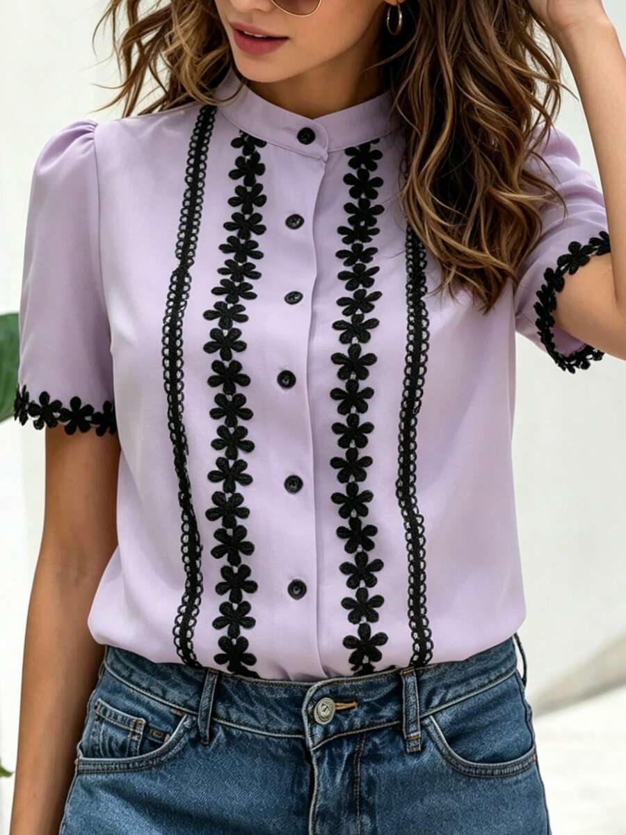 Hotletica 杏色蕾丝领短袖女式衬衫 - 淡紫色 - 查看 1