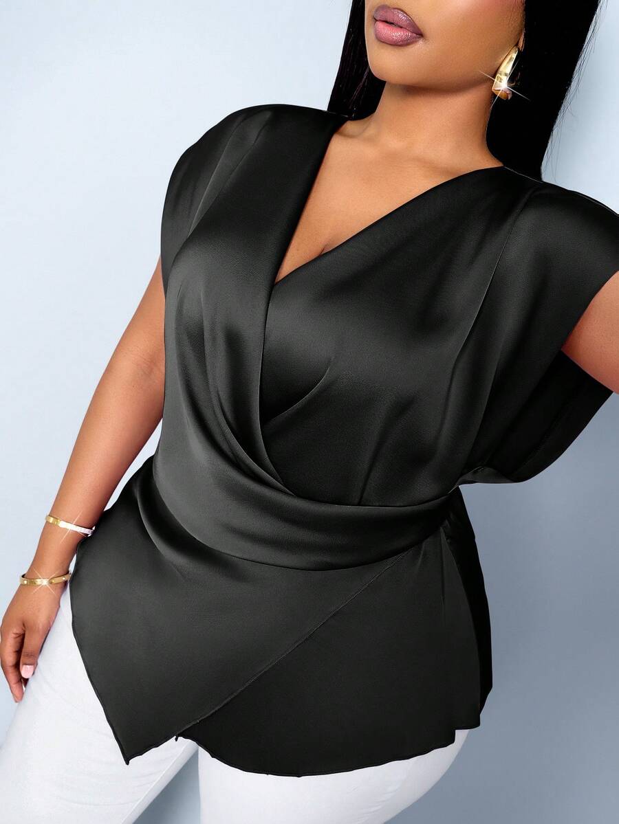 SOLERSUN Blouse asymétrique en satin à col V, couleur unie, mode décontractée élégante pour femmes en grande taille, pour le printemps et l'été, pour un usage quotidien et professionnel - Noir - Voir 1