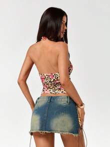 SHEIN ICON 夏季女士西部波西米亚风露背性感度假外出豹纹印花露脐吊带背心 - 彩色 - 查看 3
