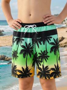 SHEIN 男童个性化泳裤，棕榈叶印花设计，舒适透气，适合游泳池和海滩穿着 - 彩色 - 查看 7