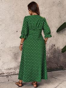 Breezaya Vestido casual maxi con botones delanteros, estampado floral y de lunares para tallas grandes - Verde - Ver 2
