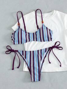 Swim Mod 女士条纹印花串珠系带露背可爱性感比基尼套装，适合春夏海滩音乐节穿着 - 彩色 - 查看 5