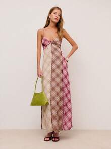 Nöista Đầm dài họa tiết kẻ caro ghép mảnh, lưng chéo và dây đeo có thể điều chỉnh. Mùa xuân, hè, dành cho nữ. - Nhiều màu - Xem 4