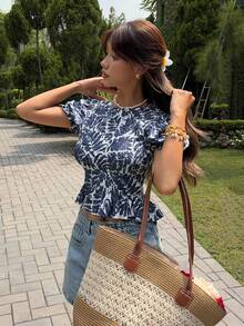 Serisse Áo sơ mi nữ tay ngắn in họa tiết cây nhiệt đới, kiểu dáng thường ngày. - Xanh và trắng - Xem 5