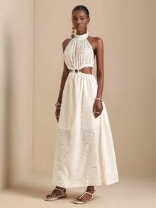 Lyxana Women's Off-White Textured Jacquard Fabric Halter Backless Cinched Waist Back Design Metal Ring Hollow Out A-Line Dress Sexy Elegant Tropical Vacation - Apricot - View 4
