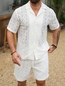 VENTUSAIL 男士度假针织提花印花短袖衬衫短裤套装，适合日常休闲、周末外出、朋友聚会、度假旅行及其他轻松的社交活动。这套衬衫是男士衣橱中不可或缺的百搭单品，也是送给男友或丈夫的绝佳礼物。 - 白色 - 查看 6