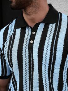 Manfinity CasualCool 男士休闲商务条纹Polo衫，适合日常通勤和休闲穿着，百搭 - 藍色 - 查看 5