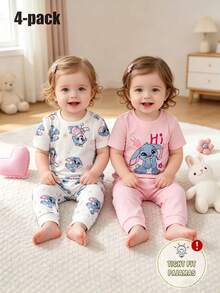 Bộ đồ mặc nhà mùa hè gồm 4 món cho bé gái, màu hồng và trắng, cổ tròn, họa tiết thỏ và chó hoạt hình, ôm sát, thoải mái, mềm mại, co giãn. - Hồng - Xem 3