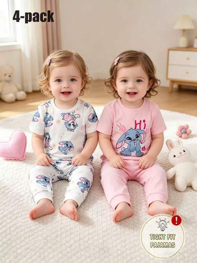 4件套女婴粉白针织圆领兔子和小狗卡通图案修身休闲舒适柔软弹力家居服套装，夏季