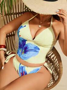 Slaydiva Bộ bikini hai mảnh cỡ lớn dành cho nữ, in họa tiết hoa, thời trang đi nghỉ mát, giản dị, tối giản, kín đáo, giúp thon gọn vòng bụng, cạp cao, kiểu tam giác. - Màu vàng - Xem 1
