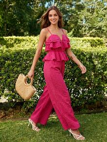 KARISMINA Bộ jumpsuit nữ kẻ caro viền bèo nhún, kiểu dáng thường ngày, thích hợp mặc hàng ngày. - Màu Hồng Tươi - Xem 7