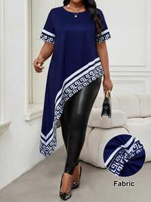 SHEIN Lady Abito asimmetrico taglie forti con orlo asimmetrico, maniche corte, stampa, blu navy, top casual estivo da giorno per donna - Blu Navy - Visualizzare 8