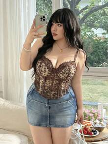 Comfortcana Áo hai dây ren xuyên thấu gợi cảm họa tiết da báo cỡ lớn, thích hợp cho mùa xuân/hè. - màu nâu - Xem 9