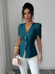 SHEIN Elenzya 女士优雅浪漫修身西装外套，V领设计，褶裥收腰 - 水鴨藍 - 查看 5