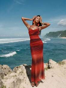 SHEIN Knitted Mesh Print Backless Dress For Women, Elegant Sexy Style, Suitable For Dates Golf And Night Outings Pastal Summer - Multicolor - View 4