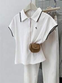 Resyla Fashionable Minimalist White Women's Collar Half-Placket Raglan T-Shirt, Gift For Friends - White - View 3