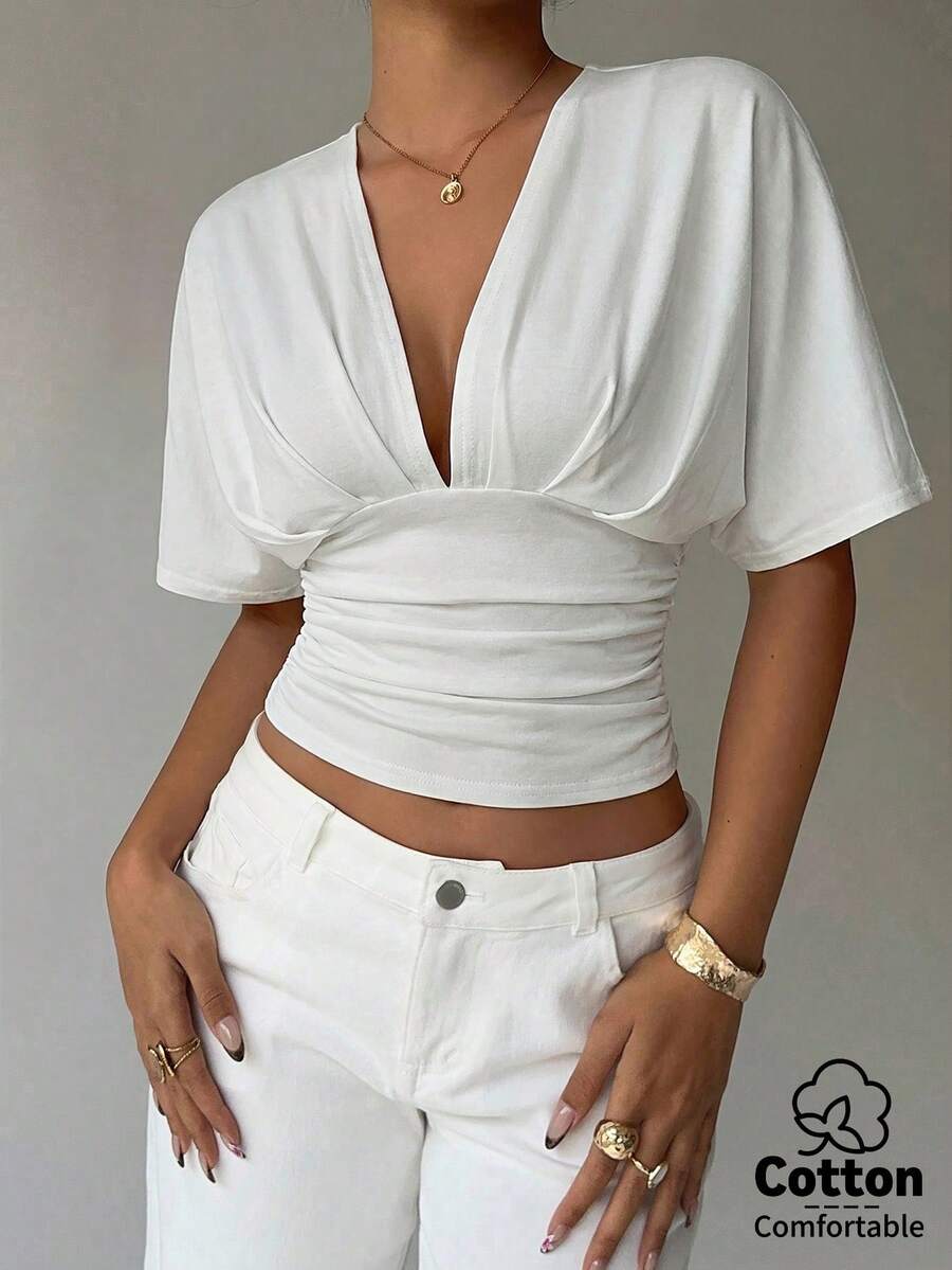 Aloruh Ivory Deep V Ruched Short Sleeve Tight Hem Women T-Shirt - White - View 1