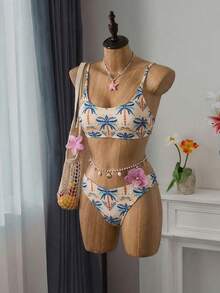 Bellisia Conjunto de bikini de moda con estampado de árbol de coco y tirantes finos para mujer, ideal para la playa de verano - Multicolor - Ver 5