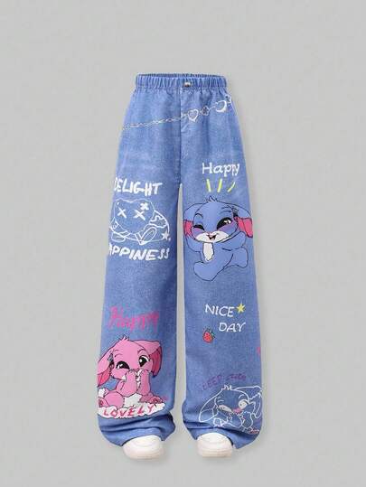 SHEIN ChillGRL 少女街头风卡通印花休闲长裤 2025开学季儿童学院校园运动服 2025开学季儿童学院校园运动服