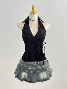 Elamini 性感翻领侧系腰带修身无袖衬衫，简约设计，女士款 - 黑色 - 查看 6