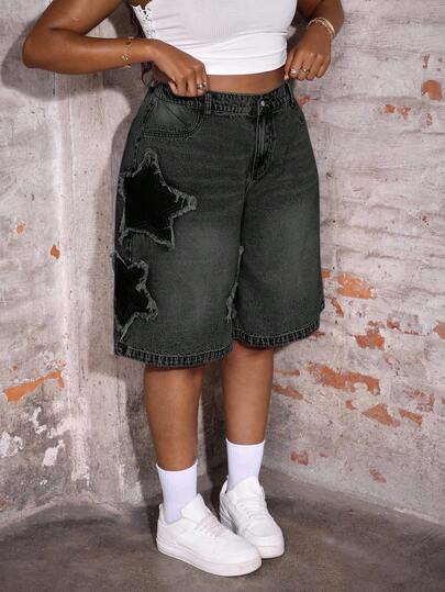 Slaydiva Quần short denim dáng rộng, cỡ lớn, họa tiết ngôi sao, màu xanh dương.