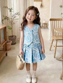 Elladie kids 女童（小号）蓝色纹理面料花卉提花蝴蝶结背心外套和百褶裙两件套，优雅设计，适合通勤和休闲穿着 - 藍色 - 查看 9