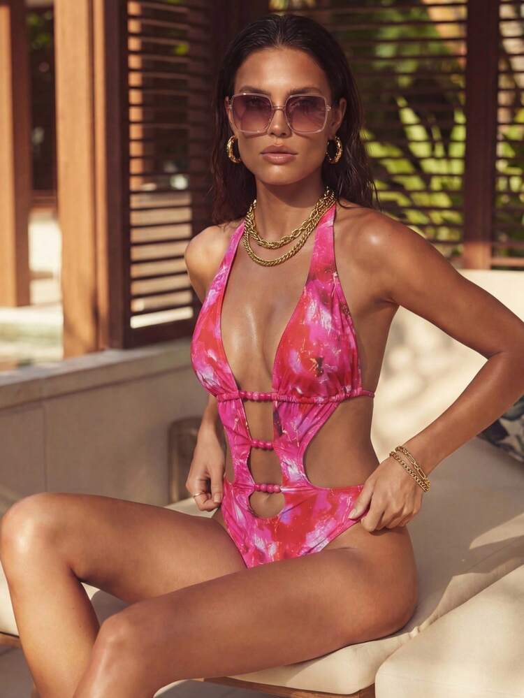 Traje de baño de una pieza con estampado, escote halter y espalda descubierta para mujer, ideal para vacaciones