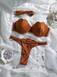 Swim Mod Petal Patchwork Hard Cup Detachable Strap Solid Color Sexy 2 Pieces Swimwear - Brown - View 5