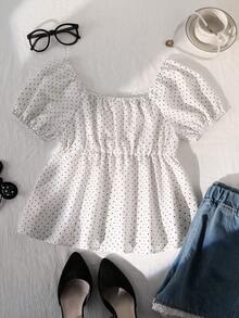 Sparklyn 女童复古甜美风上衣一件：珍珠饰边+白色波点，泡泡袖短袖方领收腰设计，轻薄不蓬松，宽松舒适，适合约会/日常穿着，春夏皆宜。 - 白色 - 查看 2