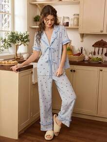Tulorae Conjunto de pijama romántico para damas con estampado de cuadros rojos, parches de unicolor y volantes con lazo - Multicolor - Ver 4