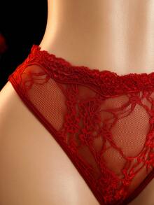 SHEIN 性感勃艮第酒红色蕾丝开裆女士外出内裤 - 酒紅色 - 查看 9
