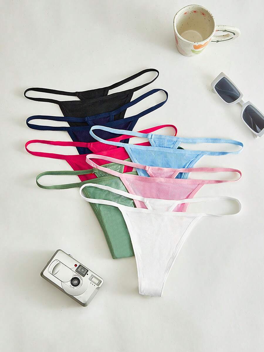 Lowkey Lull 7pcs/Set Women's Solid Color Seamless Thong Panties, Comfortable - Multicolor - View 1