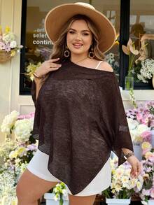 SHEIN CURVE+ Curve 尺码 US22 音乐节、海滨度假、波西米亚风新款时尚多功能针织提花镂空露背披肩领百搭度假风轻薄透视罩衫，棕色 - 棕色 - 查看 10