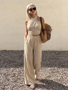 DAZY 夏季新款系带露背吊带背心和直筒裤休闲两件套女装 - 杏色 - 查看 5