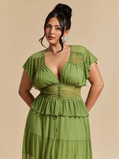 Silquee SHEIN BAE Plus Size Solid Color Lace Patchwork Short Sleeve Shirt