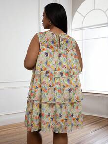 Vestido mini curvilíneo de talla grande ELLERISSA para mujer, vestido de gasa con volantes de cuello redondo sin mangas con estampado floral multicolor, vestido casual de primavera y verano para fiestas y vacaciones, vestidos de talla grande para mujer, vestido mini con volantes florales - Multicolor - Ver 2