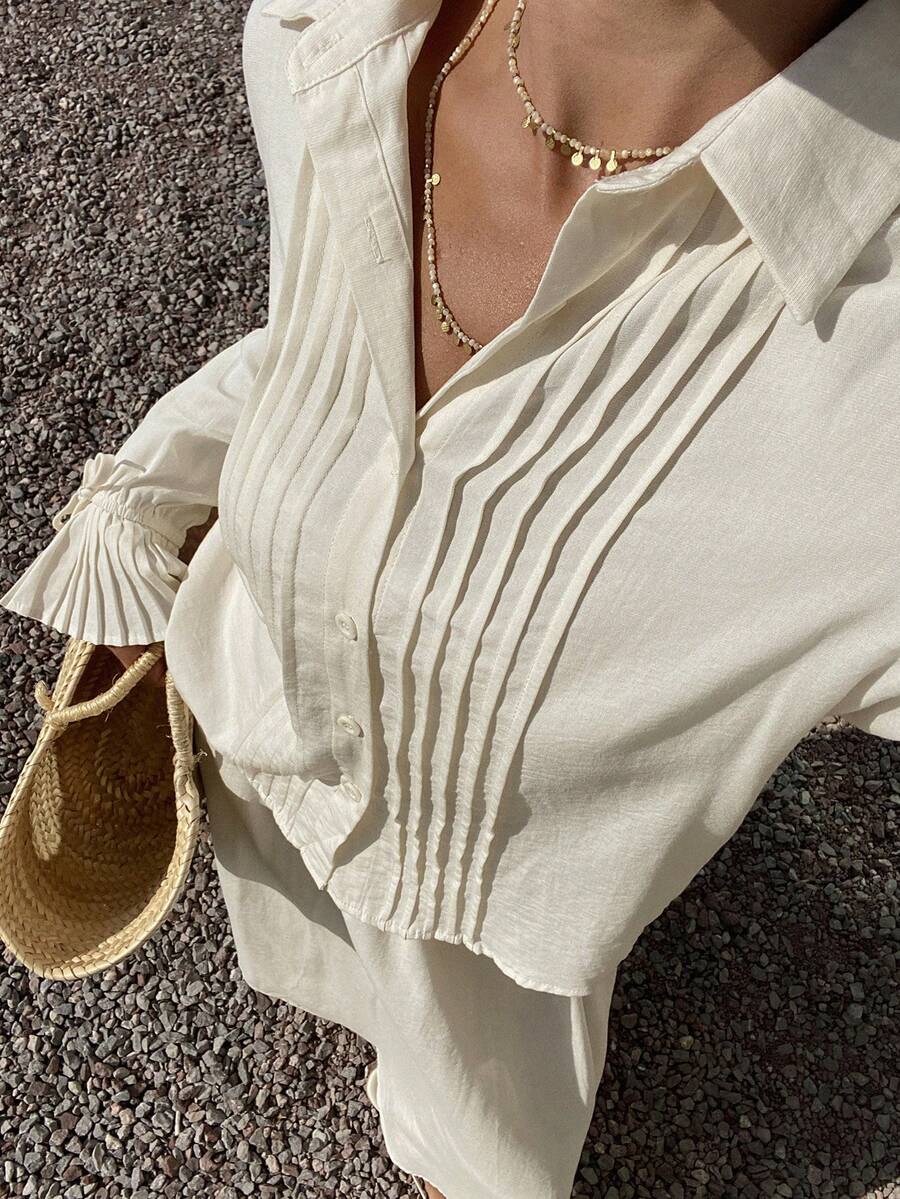 DAZY 女士翻领褶皱上衣和休闲半裙两件套 - 白色 - 查看 1