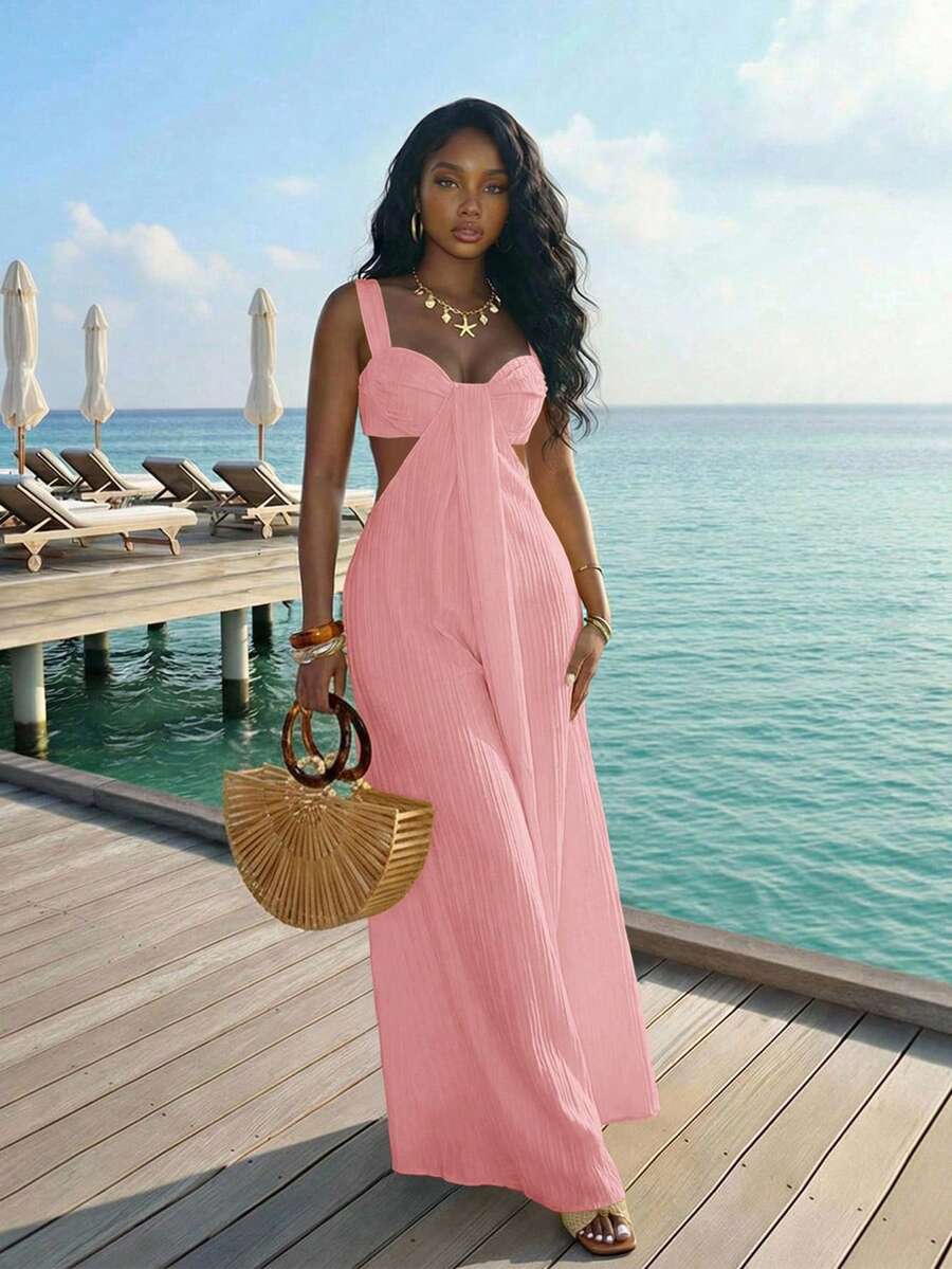 Slaydiva Women's Soft Pink Summer Casual Wide-Leg Jumpsuit,Boho Textured Camisole With Cutouts,Perfect For Beach,Holiday,Vacation,Holiday,Travel,,Parties - Pink - View 1