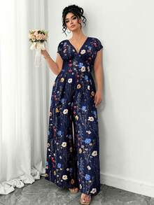 Elenzga Elegant Plus Size Long Jumpsuit Navy Blue Random Floral Print V Neck Shirred Batwing Cap Sleeve Wide Leg Boho Chic Style - Navy Blue - View 3