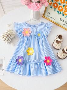 SHEIN Baby GirlColorful Striped Floral Trim Casual Cute Dress With 3D Flower Decor, Spring/Summer - Blue - View 6