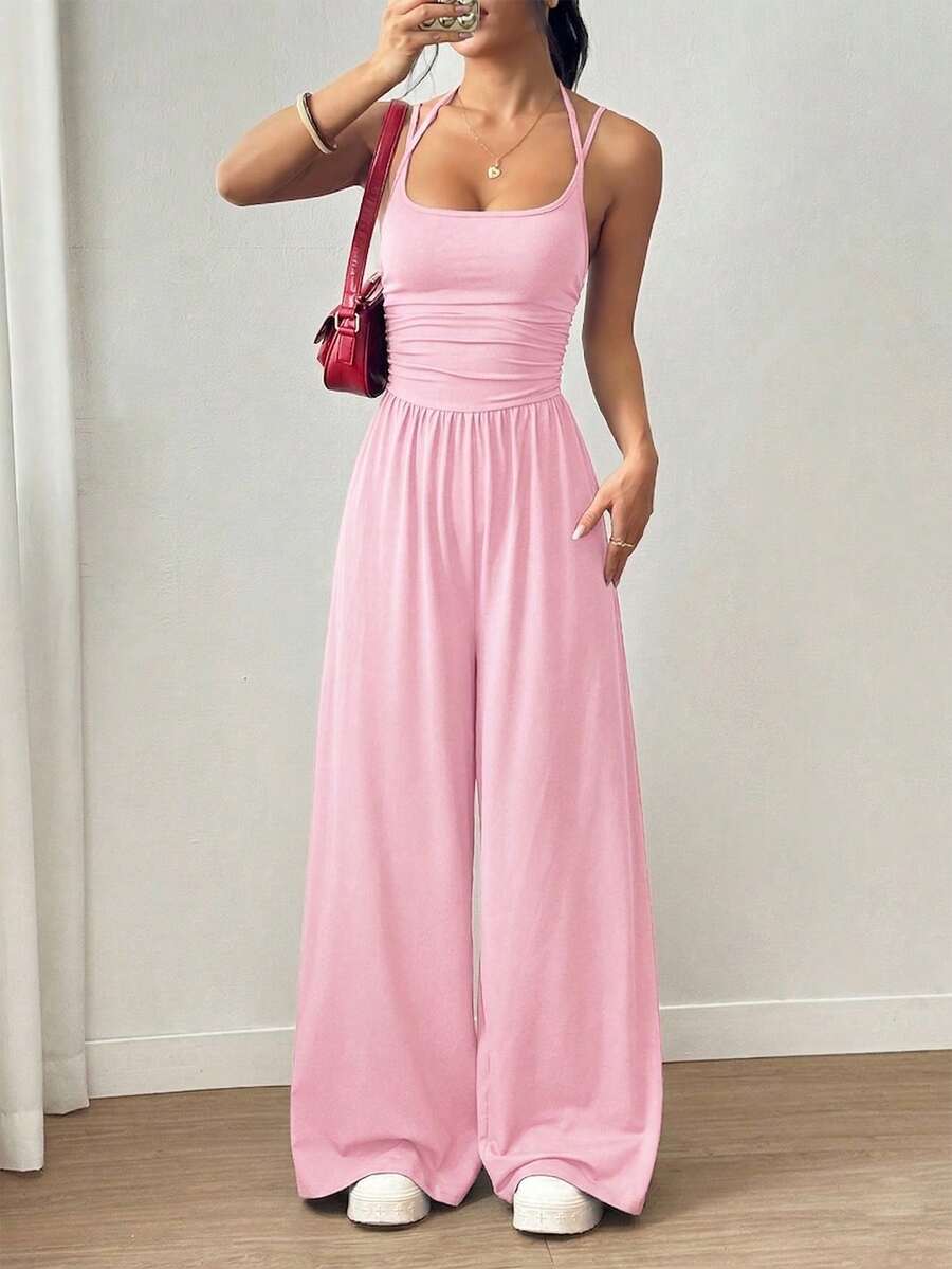 SHEIN Tall 女士休闲褶皱宽松直筒连体裤,春夏款 - 粉色 - 查看 1