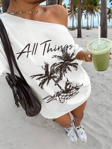 Muchica 新款热带印花休闲宽松单肩女式T恤 - 白色 - 查看 1