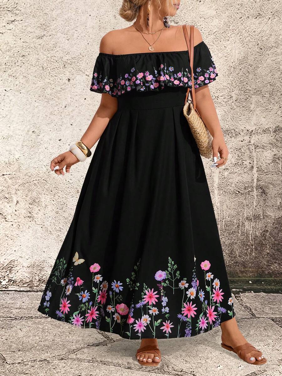 Breezaya Plus Size Black Off-Shoulder Ruffle Hem Floral Print Summer Boho Vacation Holiday Dress,Elegant Beach Casual Resort Wear Spring Outfits For Women - Black - View 1