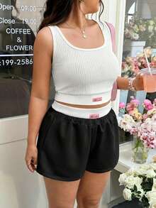 GalTyme Plus Size Women 2 Pieces Set: Polka Dot Blouse And Contrast Color Shorts, Casual Daily Wear - Black and White - View 3