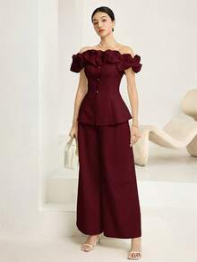Conjunto de 2 piezas de top con hombros asimétricos y pantalones, elegante y de moda para mujer - Burdeos - Ver 6