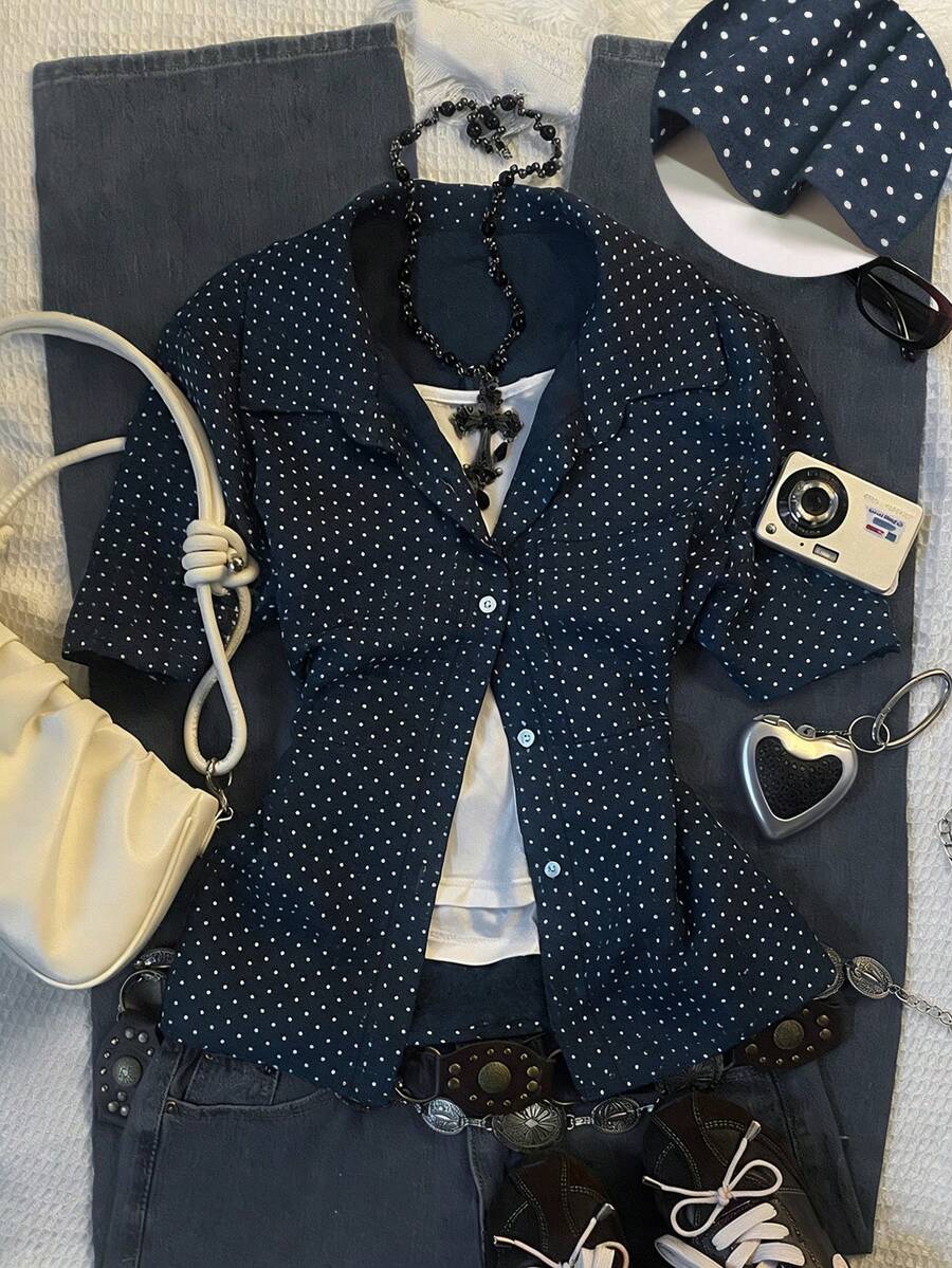 SHEIN 女士休闲复古格子短袖衬衫，Polo领设计，休闲舒适，适合日常穿着、返校季，也可作为礼物送给朋友或搭配服装。 - 彩色 - 查看 1
