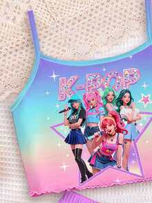 2件套少女时尚K-POP女团字母星星印花套装，彩色卡通人物印花，扎染工艺，韩流粉丝礼物，男女童装，吊带背心和短裤夏季套装 - 彩色 - 查看 3