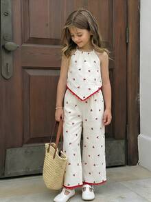 SHEIN Bộ trang phục thường ngày thoải mái cho bé gái, gồm áo hai dây và quần dài in hình quả anh đào, vạt áo bất đối xứng. - Nhiều màu - Xem 4