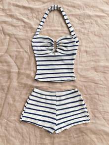 SHEIN PETITE CURVE Bộ đồ đôi nữ cỡ lớn phong cách tối giản thường ngày gồm áo tank top cổ yếm và quần short. - Xanh và trắng - Xem 4